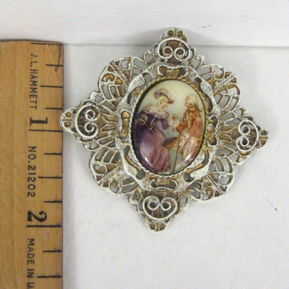 Figural Brooch Cameo 2.1 in Metal Pin Estate VTG 80s Filigree Victorian Style - Picture 3 of 4